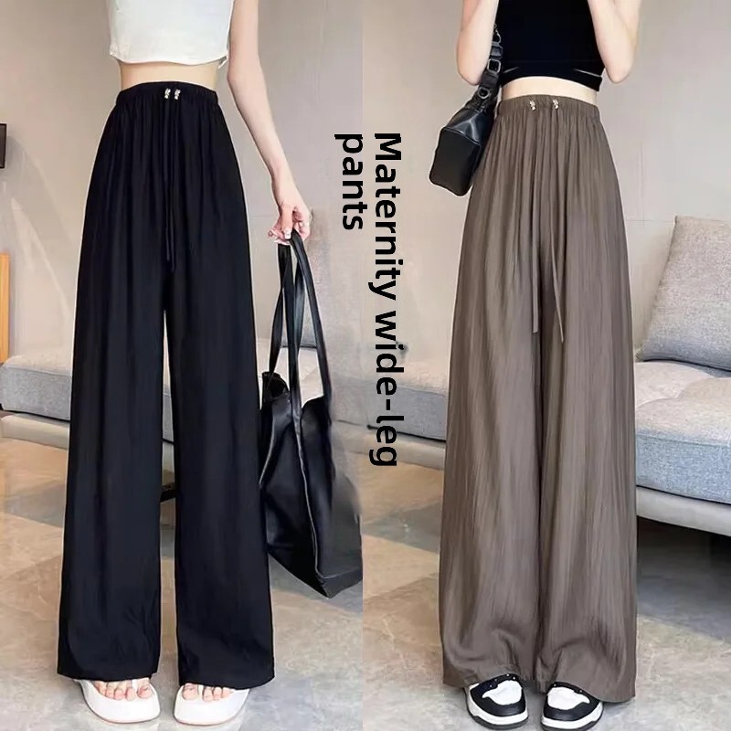 Grūtnieču vasaras virsdrēbes, kokvilnas lina bikses 2024. gada jauna stila saules aizsardzības ledus zīda zvana apakšas grūtnieču bikses