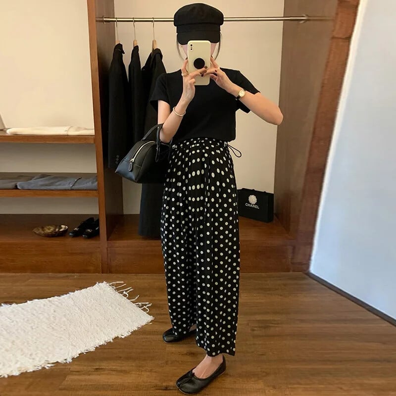 Skraćene hlače od šifona visokog struka za trudnice Ležerne zvonaste hlače Opuštenog kroja Ljetna odjeća s ravnim nogavicama s uzicom sa strane