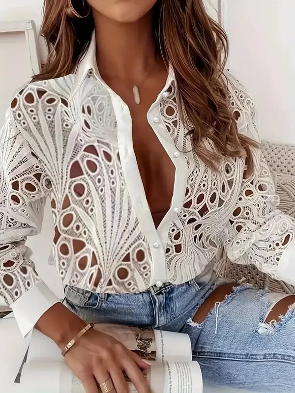 Ženska svestrana jednobojna košulja velikih veličina, modna dizajnerska košulja s dugmadima i ovratnikom, jednostavna šuplja košulja s dugim rukavima