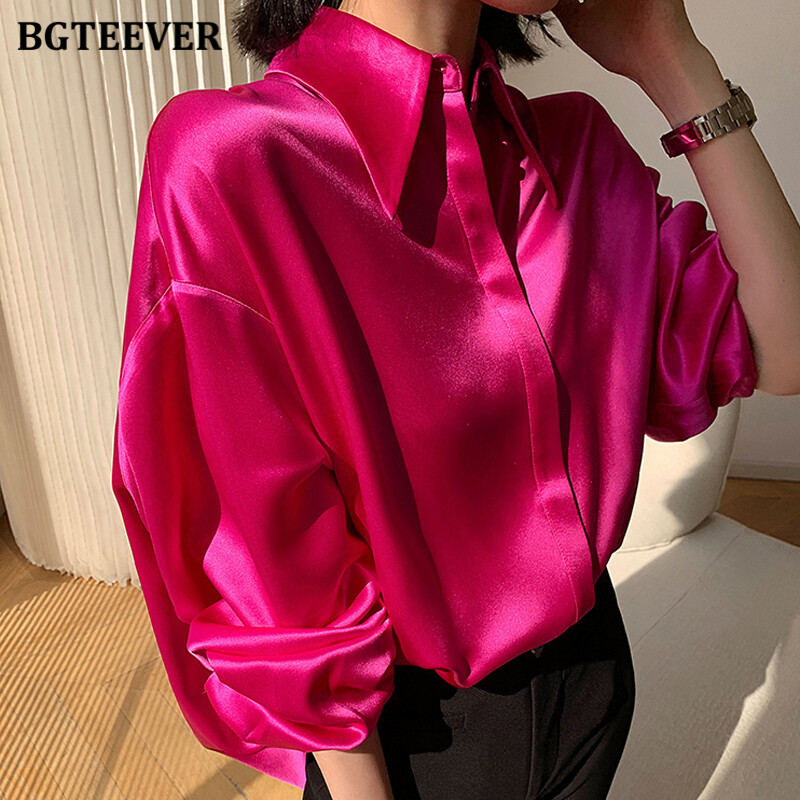 BGTEEVER Elegantne ženske satenske bluze s jednim kopčanjem, majice dugih rukava, široke jednobojne ženske košulje, proljetne ženske bluze