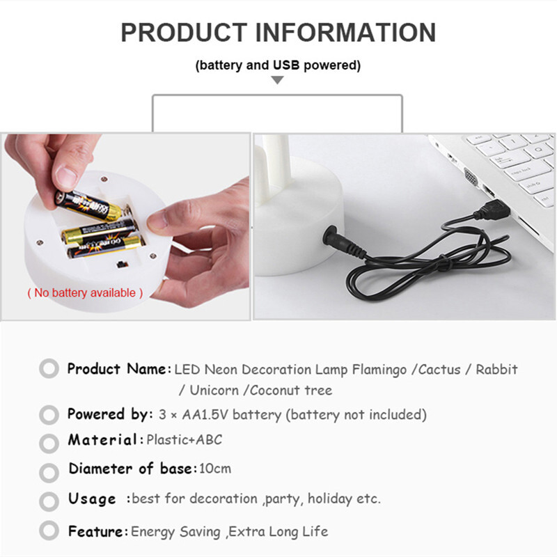 Flamingo kaktuso LED neoniniai žibintai kokoso medžio ananaso neoninės ženklinimo lempa USB / akumuliatoriaus maitinimo vienaragio lempa kambario stalo šventinis dekoras