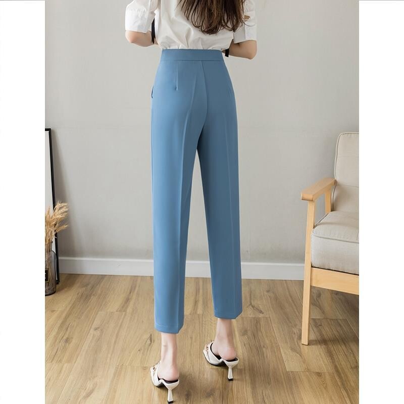 Γυναικεία κοστούμια παντελονιών γραφείου ίσιες ελαστικές ψηλόμεσες τσέπες Μονόχρωμο γυναικεία ρούχα με πριτσίνια Φύλλα Κομψά κομμένα παντελόνια