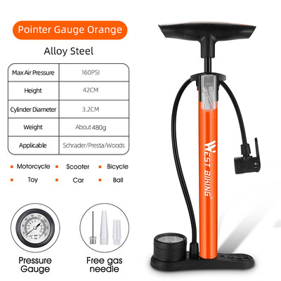 WEST BIKING 160PSI velosipēda gaisa sūknis ar mērierīci Schrader Presta MTB šosejas velosipēdu lodīšu augstspiediena riepu piepūšanas tērauda riteņbraukšanas sūknis