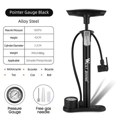 WEST BIKING 160PSI velosipēda gaisa sūknis ar mērierīci Schrader Presta MTB šosejas velosipēdu lodīšu augstspiediena riepu piepūšanas tērauda riteņbraukšanas sūknis