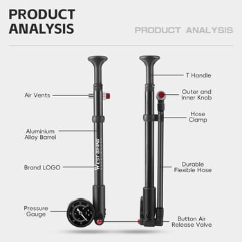 WEST BIKING 300/400PSI αντλία ποδηλάτου υψηλής πίεσης φορητή μπροστινή αντλία πιρουνιού ποδηλάτου για Schrader με βαρόμετρο ποδηλασίας αέρα