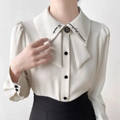 Ρετρό γαλλική κορδέλα ψηλά χωρίς σιδερένιο αντιρυτιδικό μακρυμάνικο πουκάμισο φθινοπωρινό σχέδιο Niche γαλλικό μπλουζάκι για γυναίκες