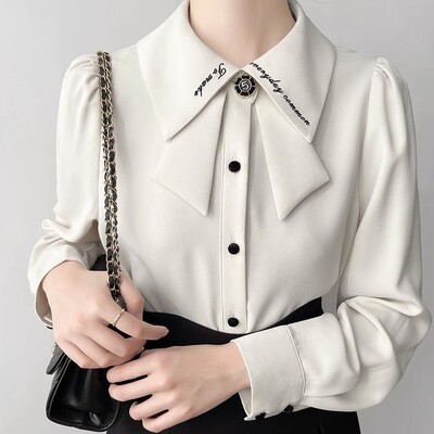 Ρετρό γαλλική κορδέλα ψηλά χωρίς σιδερένιο αντιρυτιδικό μακρυμάνικο πουκάμισο φθινοπωρινό σχέδιο Niche γαλλικό μπλουζάκι για γυναίκες