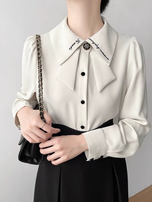 Ρετρό γαλλική κορδέλα ψηλά χωρίς σιδερένιο αντιρυτιδικό μακρυμάνικο πουκάμισο φθινοπωρινό σχέδιο Niche γαλλικό μπλουζάκι για γυναίκες