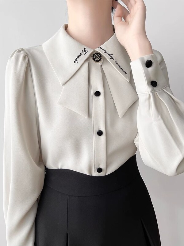 Ρετρό γαλλική κορδέλα ψηλά χωρίς σιδερένιο αντιρυτιδικό μακρυμάνικο πουκάμισο φθινοπωρινό σχέδιο Niche γαλλικό μπλουζάκι για γυναίκες