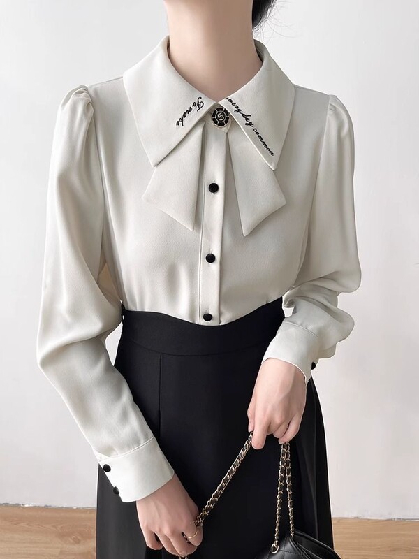 Ρετρό γαλλική κορδέλα ψηλά χωρίς σιδερένιο αντιρυτιδικό μακρυμάνικο πουκάμισο φθινοπωρινό σχέδιο Niche γαλλικό μπλουζάκι για γυναίκες