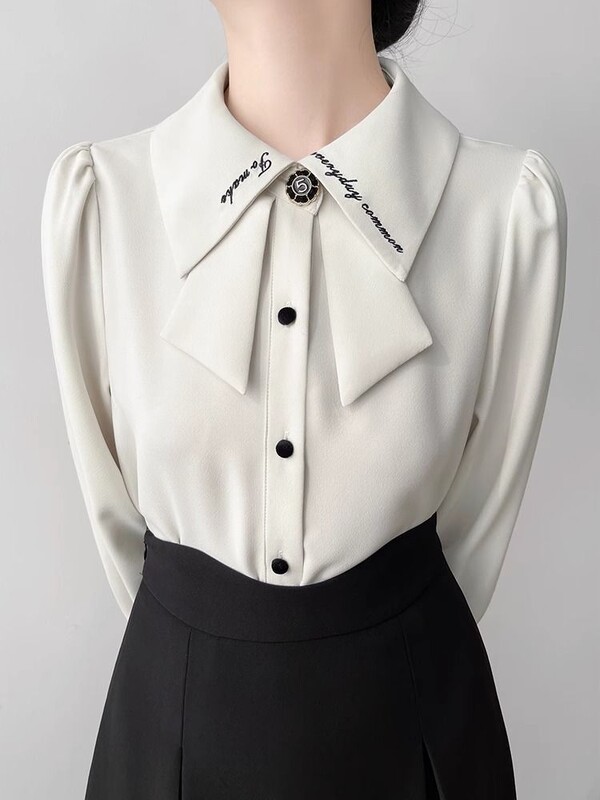 Ρετρό γαλλική κορδέλα ψηλά χωρίς σιδερένιο αντιρυτιδικό μακρυμάνικο πουκάμισο φθινοπωρινό σχέδιο Niche γαλλικό μπλουζάκι για γυναίκες