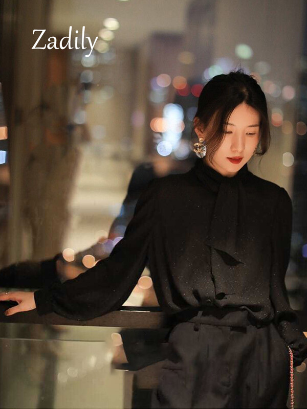 Zadily, 2024. gada vasaras birojs Sieviešu sieviešu melns krekls ar garām piedurknēm, Korejas stila stils, zīda bantīte ar pogām. Sieviešu blūze, darba apģērbs