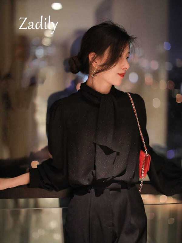 Zadily, 2024. gada vasaras birojs Sieviešu sieviešu melns krekls ar garām piedurknēm, Korejas stila stils, zīda bantīte ar pogām. Sieviešu blūze, darba apģērbs