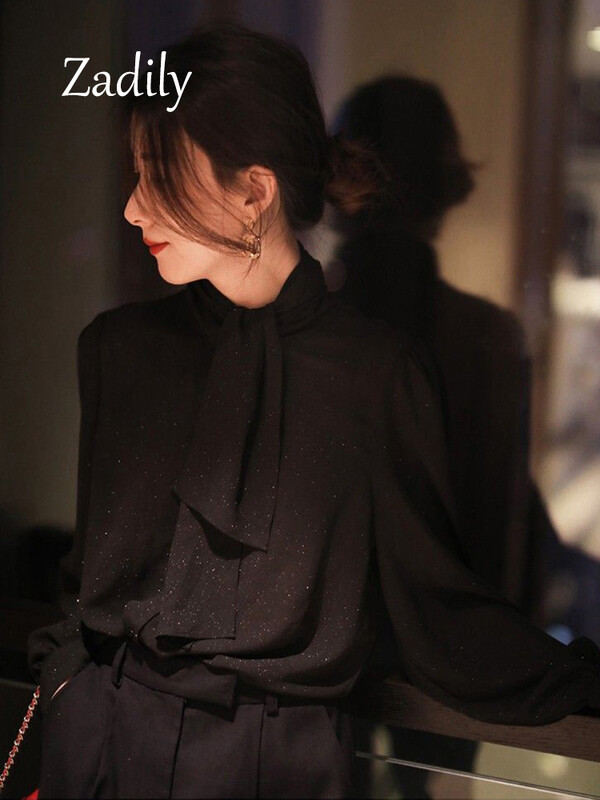 Zadily, 2024. gada vasaras birojs Sieviešu sieviešu melns krekls ar garām piedurknēm, Korejas stila stils, zīda bantīte ar pogām. Sieviešu blūze, darba apģērbs