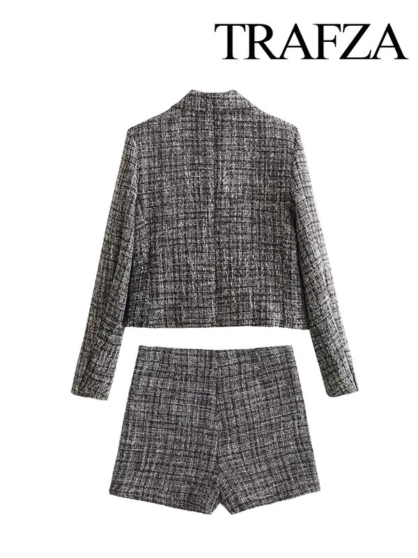 TRAFZA ženski ljetni ulični dvodijelni set za 2024. s kariranim kratkim ležernim sakoom + seksi kilo hlače visokog struka s patentnim zatvaračem sa strane