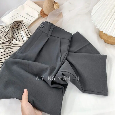 Modes elastīgas bikses ar augstu vidukli sieviešu 2023. gada pavasara ikdienišķas brīvas, cietas, taisnas bikses, biroja sieviešu darba deviņu punktu uzvalka bikses