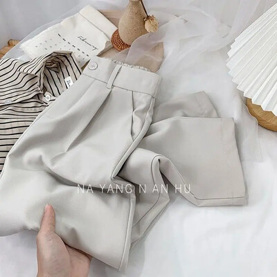 Modes elastīgas bikses ar augstu vidukli sieviešu 2023. gada pavasara ikdienišķas brīvas, cietas, taisnas bikses, biroja sieviešu darba deviņu punktu uzvalka bikses