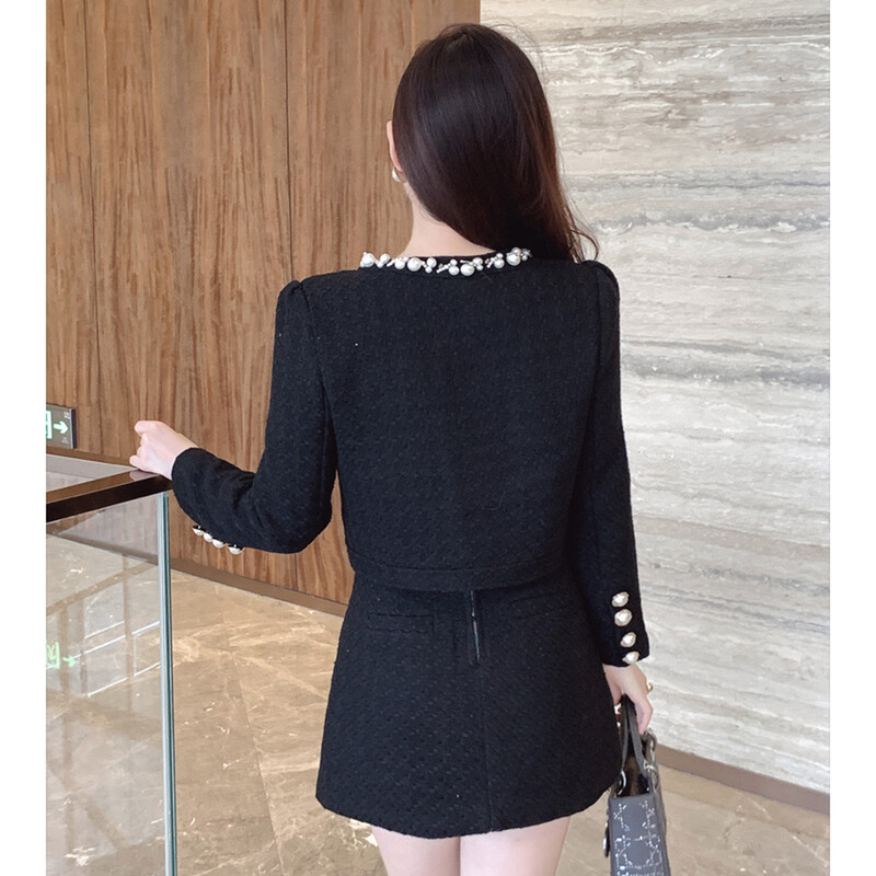 Luksuzni 2-dijelni set od umjetnog bisera u stilu starog novca Ženska elegantna trendi odjeća Skraćena jakna + kratka suknja s razdvojenim dijelovima Proljeće Jesen