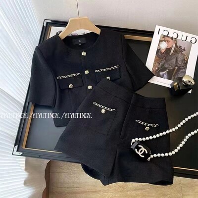 Ženski parfem Vintage 90-ih crno odijelo gornji dio i hlače dvodijelni set Ženska ljetna odgovarajuća odjeća Ženska Jacquard odjeća