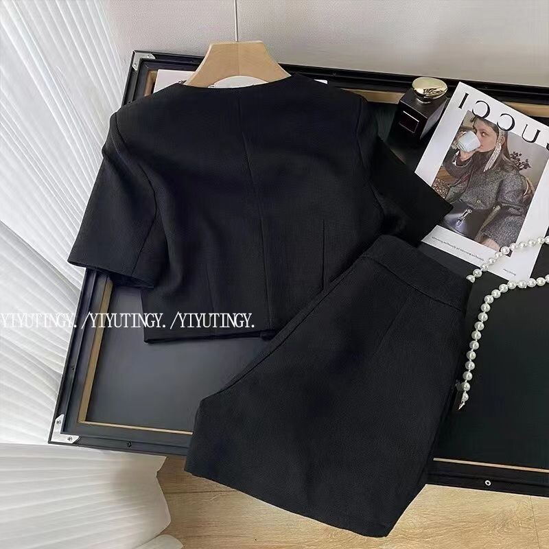 Ženski parfem Vintage 90-ih crno odijelo gornji dio i hlače dvodijelni set Ženska ljetna odgovarajuća odjeća Ženska Jacquard odjeća