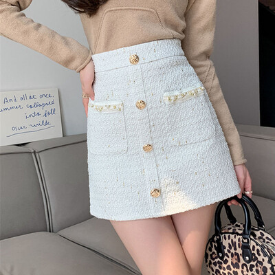 Vilnas tvīda svārki sievietēm Eleganti mini svārki Harajuku Slim Office Sieviešu kabatas Zelta pogas Zīmuļu svārki Rudens ziema O360