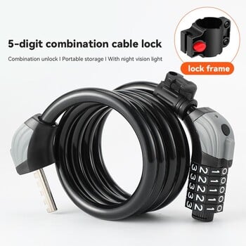 1,5m Bike 5 Code Αντικλεπτική βαρέως τύπου Steel Cable Riding Lock Συνδυασμός Νυχτερινό Εργαλείο με Εξωτερικό Φως T1u6