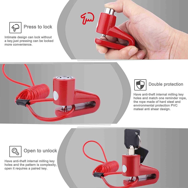 Universālā disku bremžu bloķēšanas velosipēda pretaizdzīšanas diska bloķēšana kalnu ceļa MTB riteņbraukšanas rotoru disku bremžu riteņu bloķēšana ar atgādinājuma kabeli