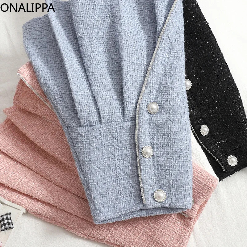 ONALIPPA sieviešu svārki korejiešu rudens ziema, jauni, eleganti temperamenta svārki ar augstu vidukli ar dubultrindām, plāni A-līnijas tvīda kroku svārki