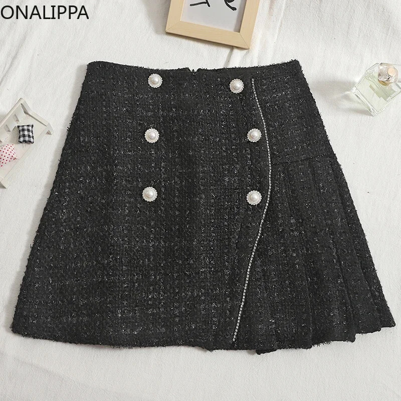 ONALIPPA sieviešu svārki korejiešu rudens ziema, jauni, eleganti temperamenta svārki ar augstu vidukli ar dubultrindām, plāni A-līnijas tvīda kroku svārki