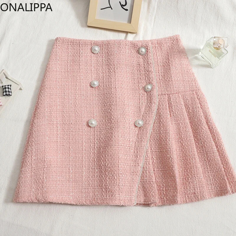 ONALIPPA sieviešu svārki korejiešu rudens ziema, jauni, eleganti temperamenta svārki ar augstu vidukli ar dubultrindām, plāni A-līnijas tvīda kroku svārki