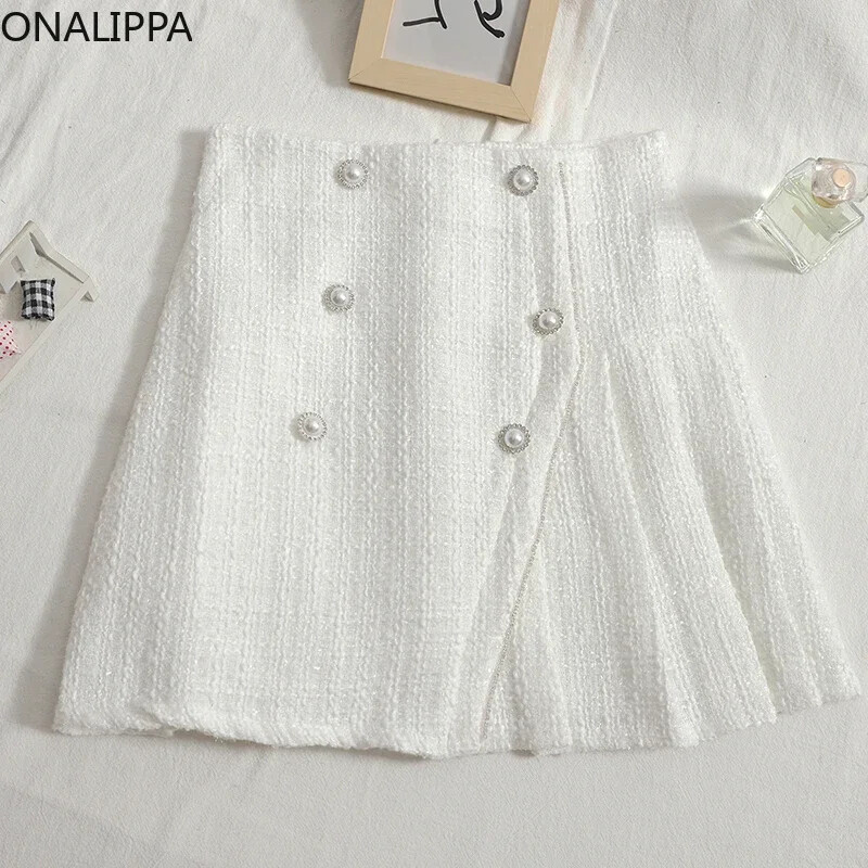 ONALIPPA sieviešu svārki korejiešu rudens ziema, jauni, eleganti temperamenta svārki ar augstu vidukli ar dubultrindām, plāni A-līnijas tvīda kroku svārki