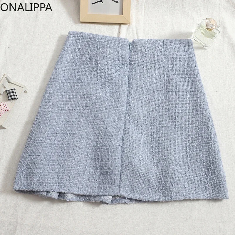 ONALIPPA sieviešu svārki korejiešu rudens ziema, jauni, eleganti temperamenta svārki ar augstu vidukli ar dubultrindām, plāni A-līnijas tvīda kroku svārki