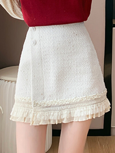 Celebrity Mic, parfumat, elegante, cu dantelă, fustă din tweed gros, pentru femei, cu talie înaltă, minifustă de lână Saia Feminina