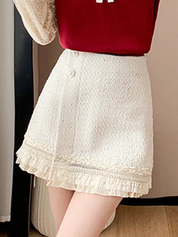 Celebrity Mic, parfumat, elegante, cu dantelă, fustă din tweed gros, pentru femei, cu talie înaltă, minifustă de lână Saia Feminina