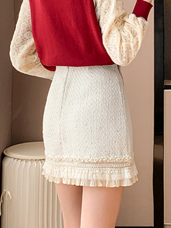 Celebrity Mic, parfumat, elegante, cu dantelă, fustă din tweed gros, pentru femei, cu talie înaltă, minifustă de lână Saia Feminina