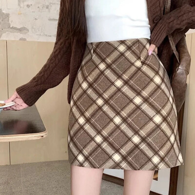 Fusta în carouri din tweed, în formă de A, ocazional, cu fermoar, cu talie înaltă, mini-fustă, stil preppy, fuste bodycon, pentru femei, toamnă, iarnă, costum, fustă Y2K