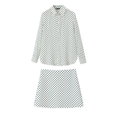 TRAF Ženska modna proljetna vintage bluza, košulja s dugim rukavima, točkastim preklopom, Chic ženska mini suknja visokog struka, dvodijelni set
