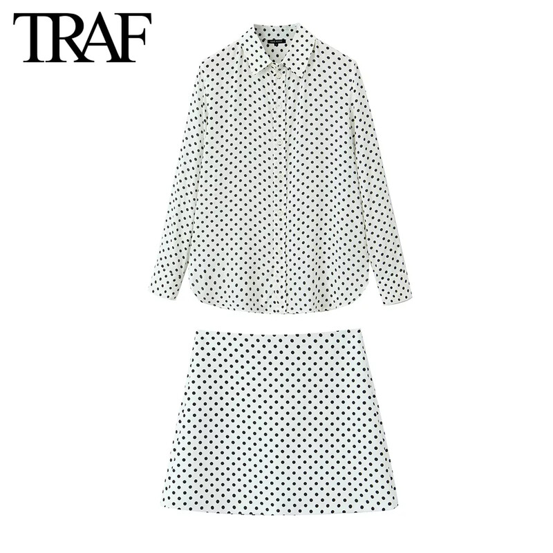 TRAF Ženska modna proljetna vintage bluza, košulja s dugim rukavima, točkastim preklopom, Chic ženska mini suknja visokog struka, dvodijelni set