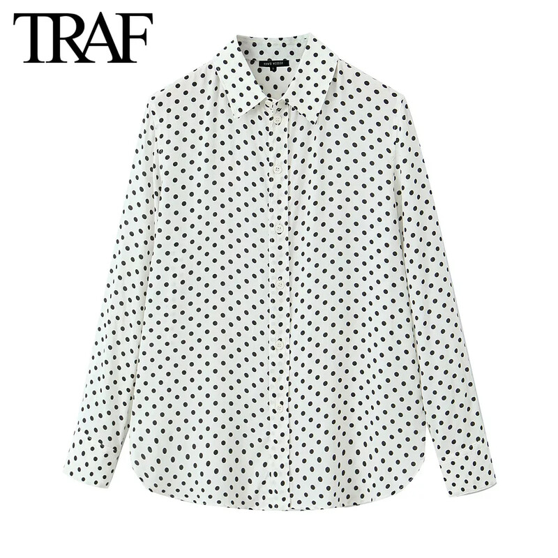 TRAF Ženska modna proljetna vintage bluza, košulja s dugim rukavima, točkastim preklopom, Chic ženska mini suknja visokog struka, dvodijelni set