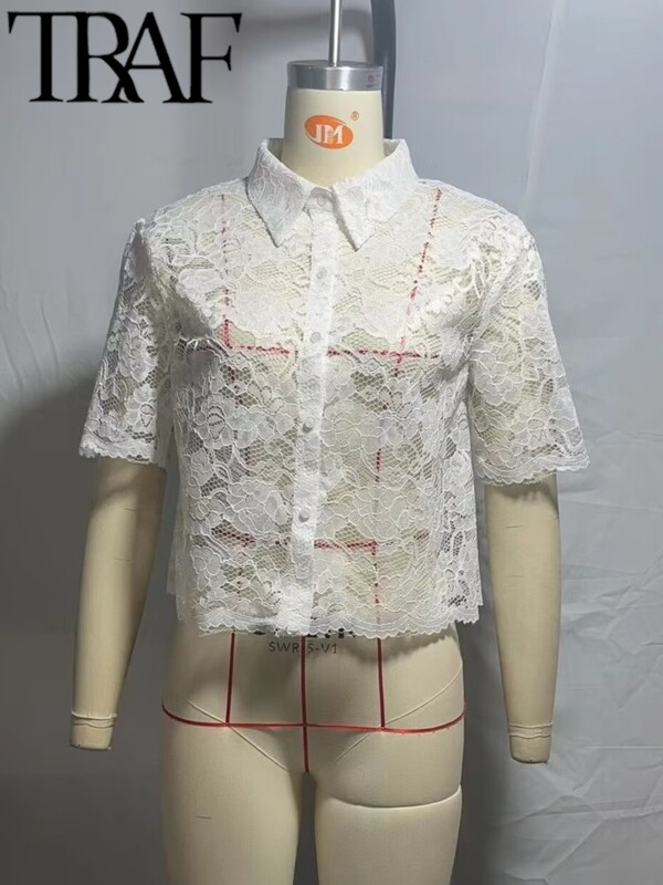 TRAF Λευκή δαντέλα Hollow Out Γυναικεία Φαρδιά Κοστούμια Traf Καλοκαιρινό κοντό μανίκι See Through Crop Top Φαρδύ παντελόνι Y2K