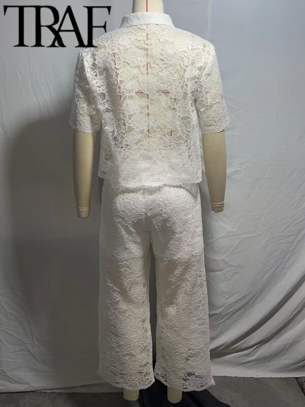 TRAF Λευκή δαντέλα Hollow Out Γυναικεία Φαρδιά Κοστούμια Traf Καλοκαιρινό κοντό μανίκι See Through Crop Top Φαρδύ παντελόνι Y2K