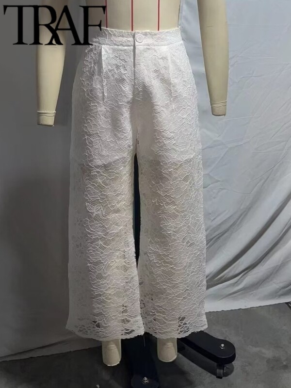 TRAF Λευκή δαντέλα Hollow Out Γυναικεία Φαρδιά Κοστούμια Traf Καλοκαιρινό κοντό μανίκι See Through Crop Top Φαρδύ παντελόνι Y2K