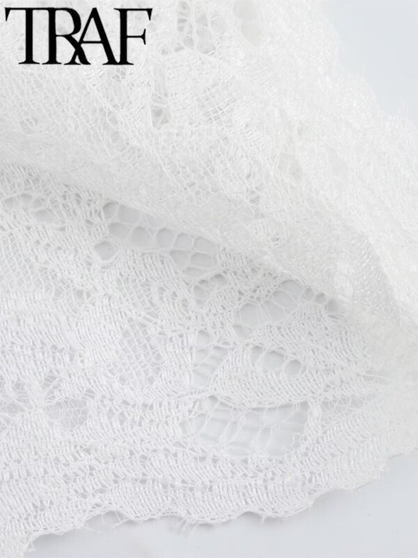 TRAF Λευκή δαντέλα Hollow Out Γυναικεία Φαρδιά Κοστούμια Traf Καλοκαιρινό κοντό μανίκι See Through Crop Top Φαρδύ παντελόνι Y2K