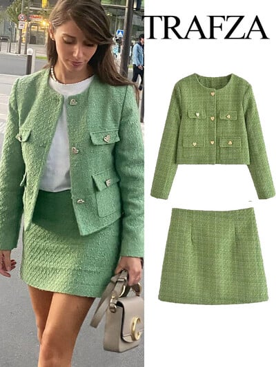 TRAFZA Costume pentru femei Moda verde țesut grosier jachete largi la un singur piept + fuste de toamnă subțiri șic și elegante pentru femei