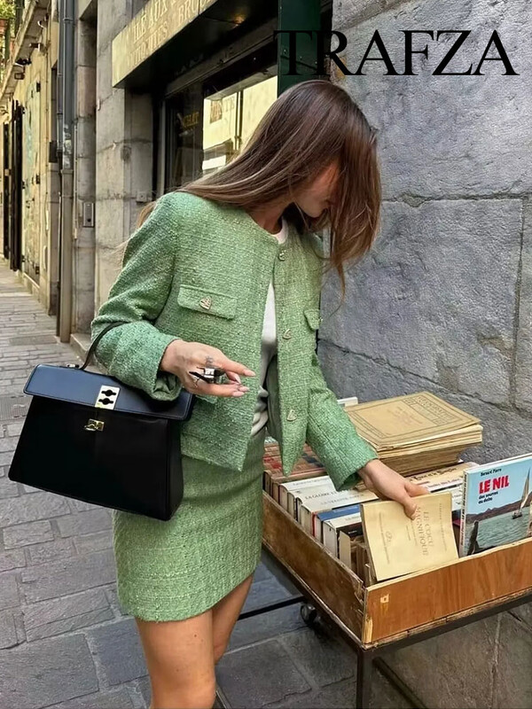 TRAFZA ülikonnad naistele Moodsad rohelised jämekoelised lahtised üherealised jakid + õhukesed šikid ja elegantsed naiste sügisseelikud