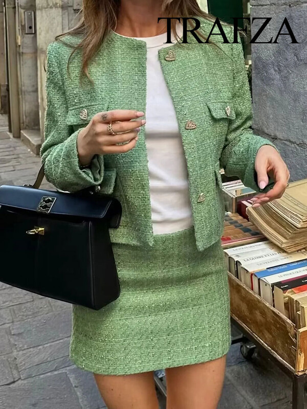 TRAFZA ülikonnad naistele Moodsad rohelised jämekoelised lahtised üherealised jakid + õhukesed šikid ja elegantsed naiste sügisseelikud
