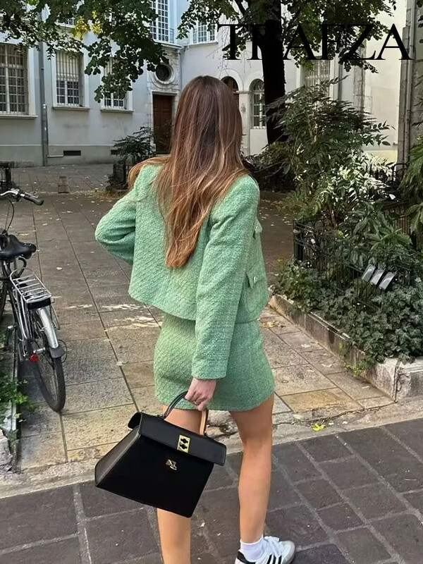 TRAFZA ülikonnad naistele Moodsad rohelised jämekoelised lahtised üherealised jakid + õhukesed šikid ja elegantsed naiste sügisseelikud