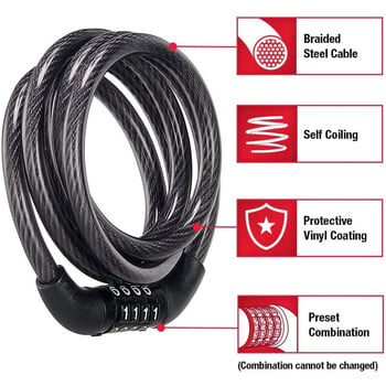 1100*7 MM Bike Lock Cable Combination Bicycle Lock Κλείδωμα καλωδίου με τετραψήφιο συνδυασμό κλειδαριάς για ποδηλατικό εξοπλισμό εξωτερικού χώρου