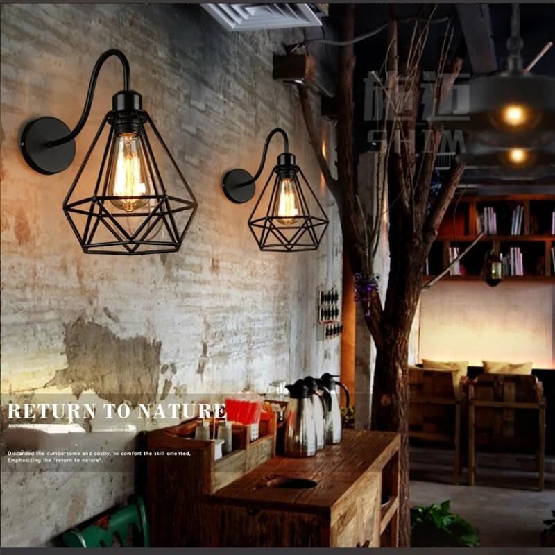 Vintažinis sieninis šviesus pramoninis dekoras Vidaus apšvietimas juodas retro kaltinės geležies narvelinis lempa, skirta prie lovos koridoriaus baro kambario dekoravimui