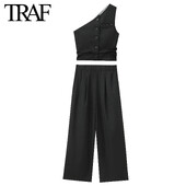 TRAF Moda femei vară cu un umăr fără mâneci vestă asimetrie Top cu talie înaltă pijama pantaloni plisați Set din două piese